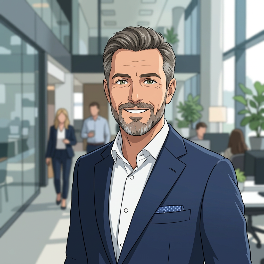 Smiling businessman in navy suit with pocket square in modern office environment