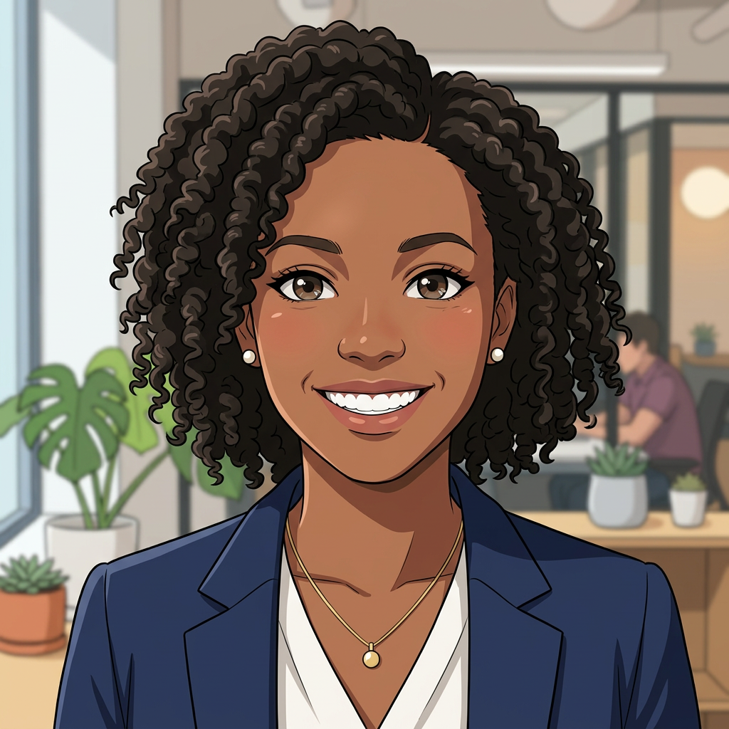 Smiling professional woman in navy blazer standing in modern office